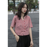 Kukombo Blouses Women Shirts V-Neck Plaid Summer Buttons Sweet Crop Top All-Match Slim Vintage Ulzzang Stylish Elegant Womens Leisure
