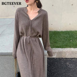 Christmas Gift BGTEEVER Vintage Women Knitted Dress Autumn Winter Brief V-neck Warm Drawstring Lace-up Loose Midi Female Sweater Dress 2021