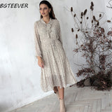 Christmas Gift BGTEEVER Chic Bow Neck Plaid Dress Women 2021 Spring Flare Sleeve Lace-up Pleated Mid-calf Dress Female Chiffon Vestidos femme