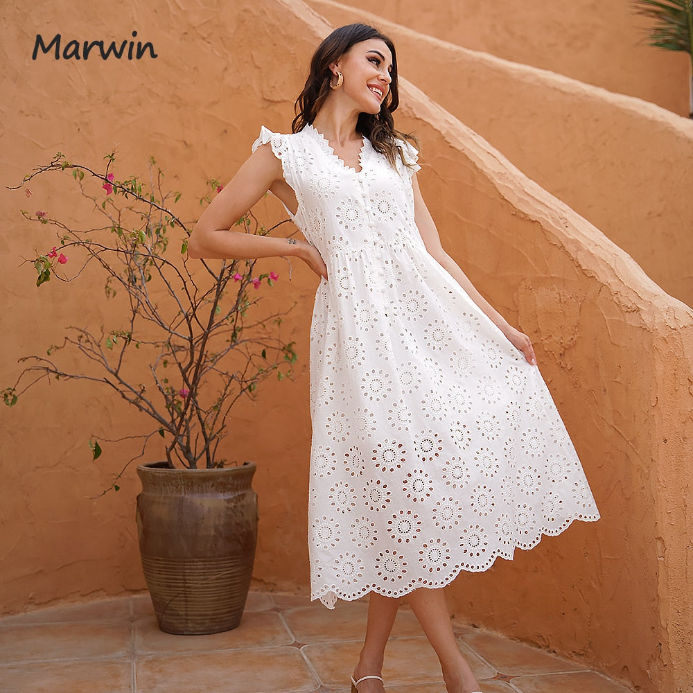 Christmas Gift Marwin Long Simple Casual Solid Hollow Out Pure Cotton Holiday Style High Waist Fashion Mid-Calf Summer Dresses NEW Vestidos