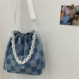 Kukombo  2023 Shoulder Bag Women's Versatile Simple Denim Bag Portable Tote Bag Checkerboard Grid Fashion Messenger Bag Ladies Denim Bag