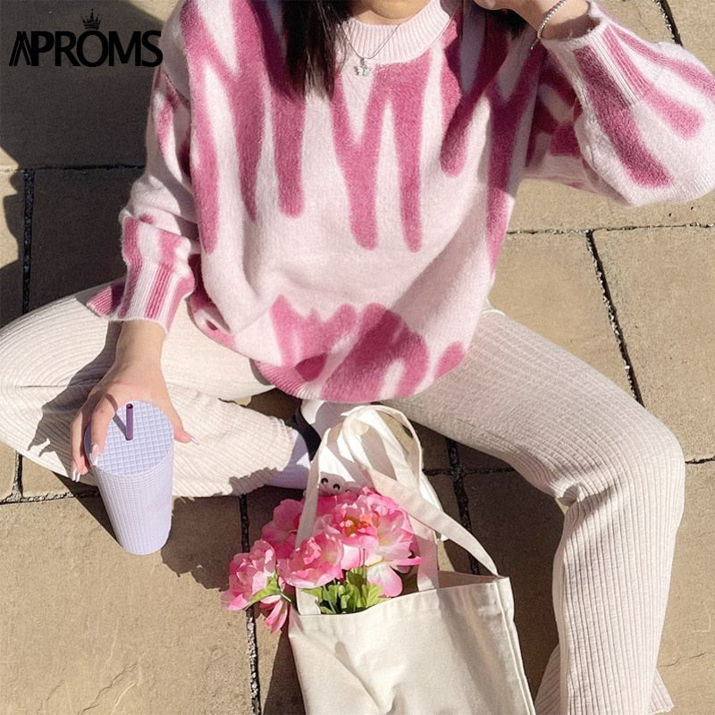 Christmas Gift Aproms Elegant Korean Fashion Rose Stripe Print Long Sweater Women 2021 Winter Streetwear Pink Knitted Pullovers Loose Outerwear