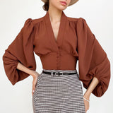 Kukombo Ladies Autumn Elegant Lantern Long Sleeve Fall Blouse Top V Neck Button Up Vintage Blouse Women Shirts
