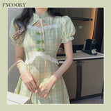 Kukombo Sweet Girl Green Plaid Dress 2022 New Summer Short-Sleeved Stand Collar Cheongsam Women Chinese Style Mini Dresses