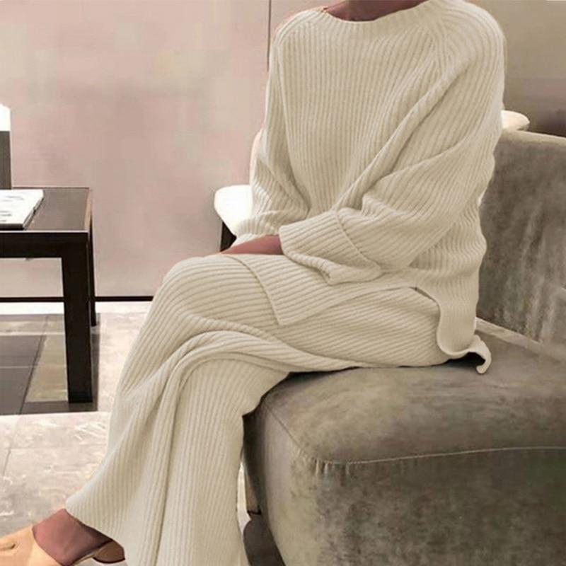 Christmas Gift Women Knitted Tracksuit Autumn Winter O-neck Sweater 2 Piece Set  Fashion Solid Ladies Pullover Tops  Wide Leg Pants Home Suit-1118