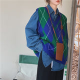 Kukombo 2022 New Autunm Winter Women Sweater Pullover Vest Sleeveless Oversized Knitted Checkered Vintage Lady Tops SWV1397JX