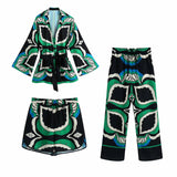 Kukombo 2022 Oversized Green Print Boho Women Shorts Sets Shirts Shorts Pants Three Pieces Fashion Suits Matching Sets 2022 Autumn