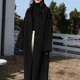 Christmas Gift Woman Long Coat Horn Button Solid Color Woolen Warm Winter Korean Commuter Style Long Coat Fashion Retro Thick Women Windbreaker