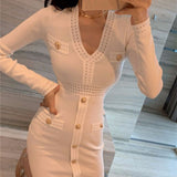 Christmas Gift Women Autumn Long Sleeve Elegant A-Line Mini Dress V Neck Slim Waist Bodycon Knit Vestidos Femme Fashion Outerwear Sexy Clothing