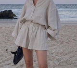Kukombo Christmas Gift Msfancy Summer Two Piece Set Women Cotton Shorts Sets Vintage Boho Oversized Shirt High Waist Loose Shorts Mujer Sets