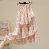 Kukombo Hot Sale Floral Skirt Women New Summer Sweet Ruffled A-Line Chiffon Long Skirt Woman Korean Clothing