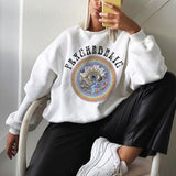 Kukombo Women Fashion Leisure Style Loose Hoodie Spring Autumn Geometric Printing Round Collar Long Sleeve Harajuku Sweatshirt Tops