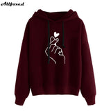 Christmas Gift Women Heart Finger Print Hoodies Winter Casual Warm Fleece Solid Drawstring Hooded Sweatshirts Loose Long Sleeve Pullover Tops