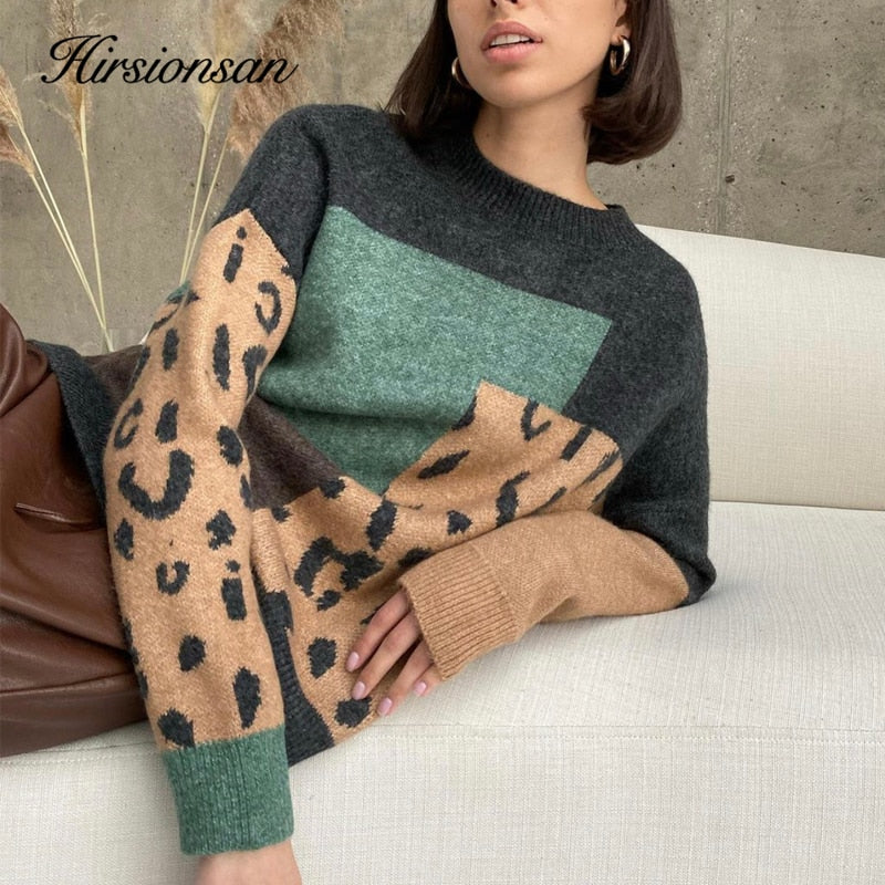 Christmas Gift Hirsionsan Leopard Patchwork Cashmere Sweater Women Loose Casual Knitted Pullovers Autumn Soft Knitwear Female Retro Jumper