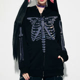 Kukombo Women Rihnestone Skeleton Hoodie Jacket Y2K Zipper Drawstring Hooded Sweatshirt E-Girl 90S Streetwear Jacket Pockets