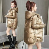Christmas Gift 2021 New Winter Jacket Parkas Women Glossy Down Cotton Jacket Hooded Parka Warm Female Cotton Padded Jacket Casual Outwear P985