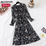 Christmas Gift BGTEEVER Spring Stand Collar Floral Print Women Dress Lace Up Female Pleated Dress Summer Party Midi Chiffon Vestidos femme 2021