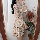 Kukombo Elegant Stand Collar Ruffles High Waist Women Dress Short Dress Female Lace Up Floral Print Vestidos femme