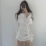 Christmas Gift Korean Chic French neck dress woman Pleated Design Waist Down Slim Irregular Drawstring Bubble Sleeve Dress