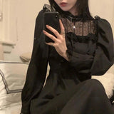 Graduation Gift Big Sale Gothic Black Y2k Dress Women 2023 Autumn Casual Lace Long Sleeve One Piece Dress Korean Evening Party Elegant Midi Dress Female