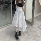 Kukombo Black Gothic Lace Stitching Irregular Pleated Skirt Women White Vintage High Waist Long Skirt Korean Solid Hip Hop Streetwear