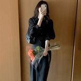 Kukombo Korean Chic Temperament Lapel Dress Single Breasted Lace Up Waist Shirt Skirt Slim Over Knee Long Lantern Sleeve Dress