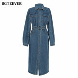 Christmas Gift BGTEEVER Fashion Chic Lapel Women Denim Dress Full Sleeve Single-breasted Pockets Slim Waist Mid-length Female Jeans Dress 2021