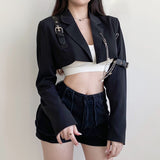 Kukombo Streetwear Punk Chain Black Woman Jacket Buckle Fashion Cardigan Cropped Coat Autumn Winter Jackets Outerwear Short