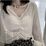 Christmas Gift Blouses Women Elegant Streetwear Chic Clothing Lace Design College Charm Temperament Summer Female V-Neck Classy Sun-proof Thin