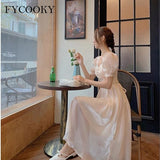 Kukombo 2022 Summer New Dress Women French Sweet Fairy Streamer Chiffon Dress Ladies Korean Elegant Puff Sleeve Long Dresses