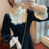 Graduation Gift Big Sale French Retro Black Midi Dress Women Elegant One Piece Dress Korean 2023 Autumn SLim Lace Evening Party Velvet Dress Female Cute