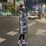 Christmas Gift 2021 New Winter Fashion Big Fur Collar Bright Face Down Padded Jacket Women Mid-length Over-the-knee Thick Coat Winter Jackets