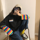 Christmas Gift Hirsionsan Rainbow Kawaii T Shirt Women 2021 New Spring Long Sleeve Harajuku Tees Casual Student Tops Stripe Oversized Clothes