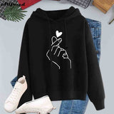 Christmas Gift Women Heart Finger Print Hoodies Winter Casual Warm Fleece Solid Drawstring Hooded Sweatshirts Loose Long Sleeve Pullover Tops