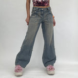 Kukombo Vintage Khaki Wide Leg Cargo Jeans High Waist Big Pockets Baggy Denim Trousers Casual Oversized Pants Street Sweatpants