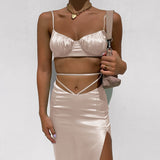 Kukombo Sexy Women's Two Piece Set Beach Style Bandage Tank Crop Top Split Backless Drawstring Mid-Calf Skirt Suit Summer