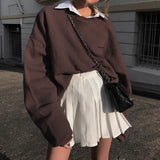 Kukombo Harajuku Oversized Hoodies Women Brown Letter Embroidery Cotton Long Sleeve Pullover Girls Casual Aesthetic Sweatshirts