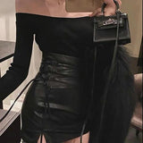 Kukombo  Fashion Women Ladies Skirt Spring Autumn Solid Color Sexy Clubwear Mini Skirt High Waist Lace-Up Pencil Cross Skirt For Women