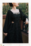 Kukombo Summer Rose Jacquard Rhinestone Square Neck Fashion Dress Black High Waist Hollow Sexy High Quality Dresses For Party Vestidos