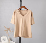 Christmas Gift Hirsionsan 100% Cotton Summer T Shirt Women Soft Short Sleeve  V Neck Female Tees Basic Kintwear Tops Harajuku Tshirt for Ladies