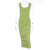 Kukombo ruched women midi shirt dress bodycon sexy sleeveless elegant party backless streetwear 2022 spring summer clothes club