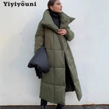 Christmas Gift Yiyiyouni 2021 Oversized Thick Long Parkas Women Solid Long Sleeve Button Pockets Jacket Female Casual Straight Winter Coat Lady