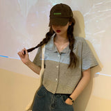 Kukombo Shirts Women Summer Short-Sleeve Turn-Down-Collar Solid Short Womens Tops Blouses Korean Style Loose All-Match Slim Trendy Retro