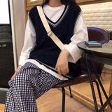 Kukombo preppy style v neck knitted sweater vest women autumn winter Patchwork sleeveless vest sweater Female pullovers Vest