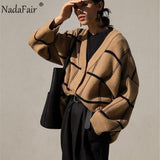 Nadafair Plaid Cardigan Sweater Women Lantern Sleeve Casual Loose Jumper Autumn Winter V Neck Knitted Oversized Cardigan Ladies-1104