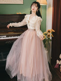 Kukombo 2 Piece Set Women Outfits Sweet Elegant Skirt Suit Flare Sleeve Cute Doll Collar Lace Shirt Top And Fairy High Waist Mesh Skirt K151