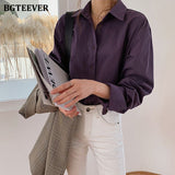 Christmas Gift BGTEEVER Vintage Turn-down Collar Women Blouse Shirts Autumn Winter Thicken Female Blouse Tops Workwear Purple Shirts 2021