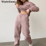 Christmas Gift Yiyiyouni Thickened Fleece Hooded Sweatshirt and Pants Two Pieces Set Women Autumn Winter Casual Solid Sweatpants Female Outfits