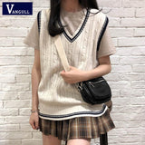 Kukombo preppy style v neck knitted sweater vest women autumn winter Patchwork sleeveless vest sweater Female pullovers Vest