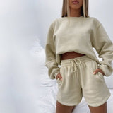 Kukombo  Women Solid Tracksuits Casual Long Sleeve Pullover Sweatshirt And Drawstring Shorts Suits Fashion Loose Female Two Piece Sets